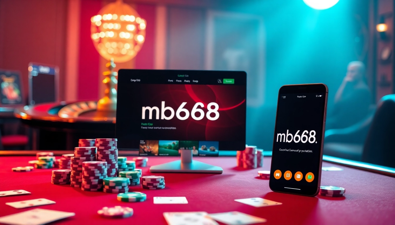 Engage in thrilling gameplay at mb668.co, featuring an upscale poker table with vibrant chips and cards.