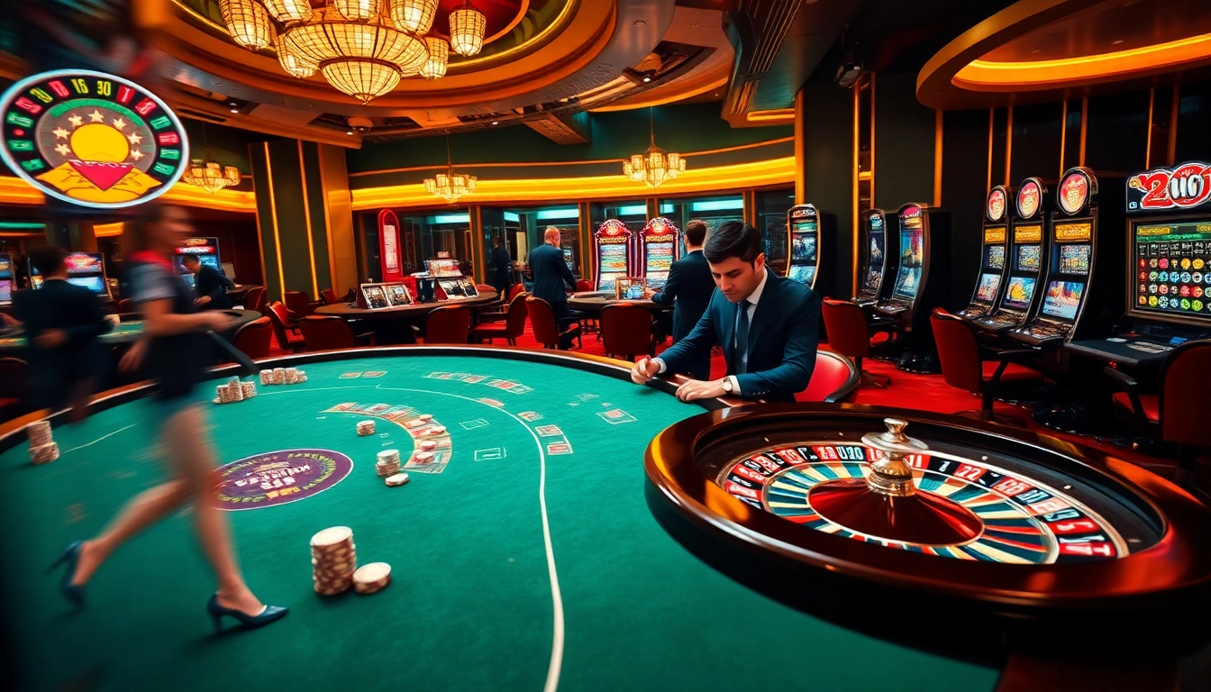Engaged players experiencing excitement at a luxurious casino, showcasing the app 98win for a thrilling gambling adventure.