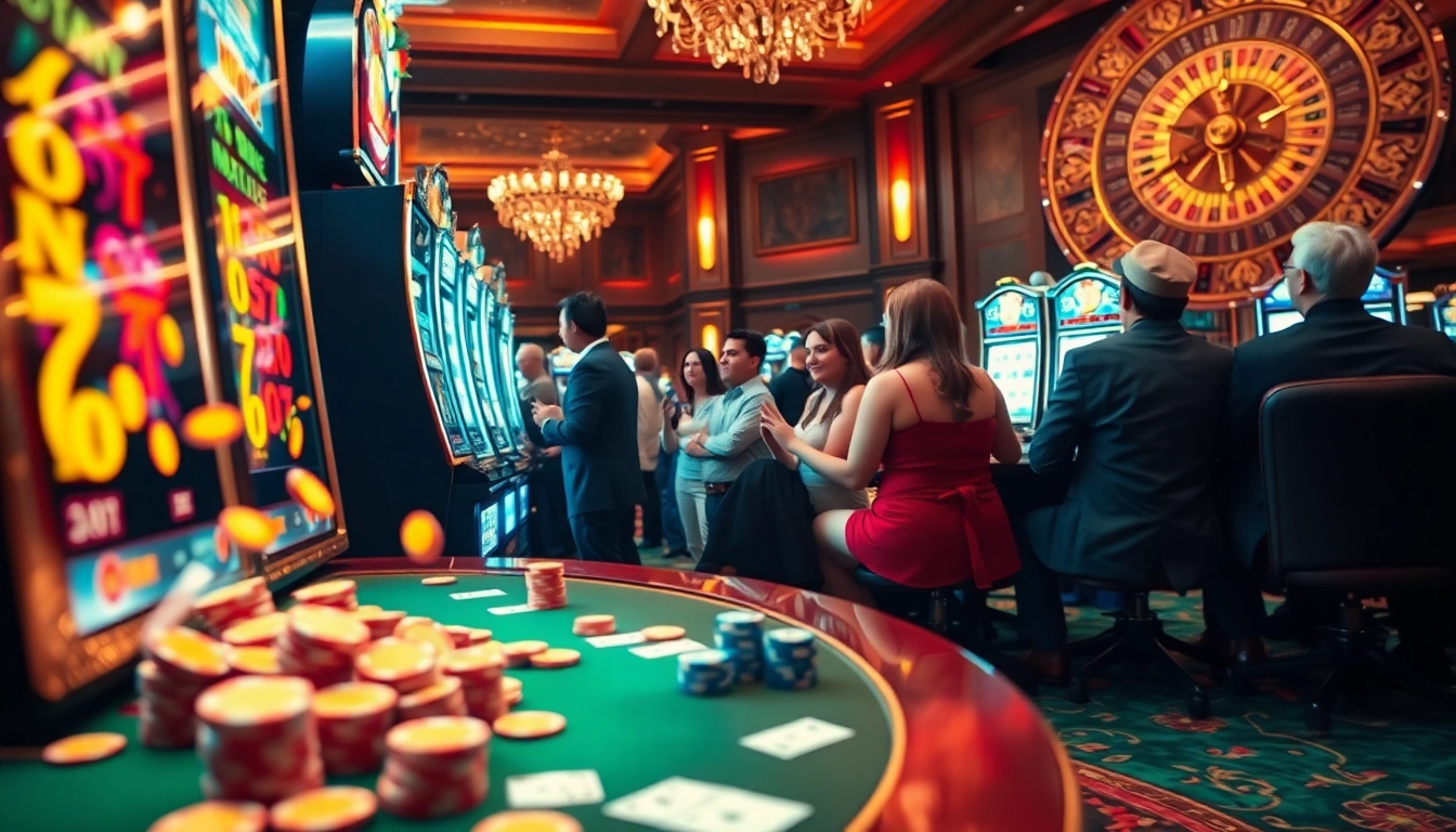 Players celebrating their big wins at a slot gacor machine in a luxurious casino.