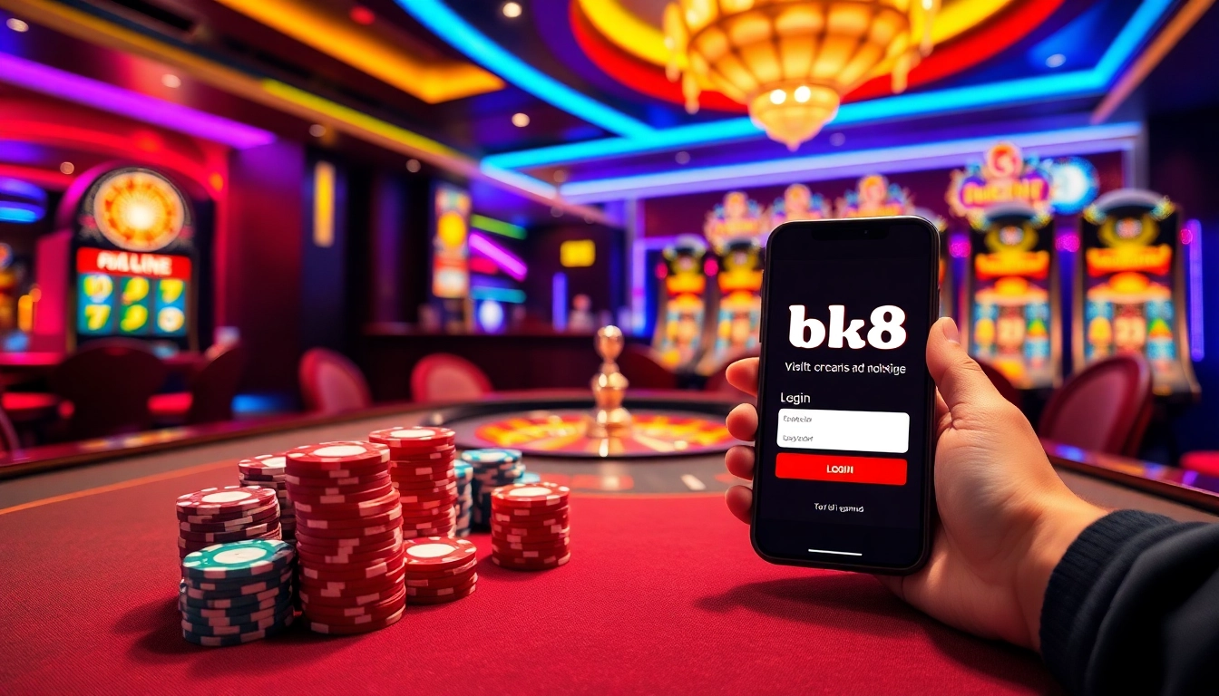 Experience 'bk8 login' with vibrant casino elements like poker chips, a roulette wheel, and slot machines.