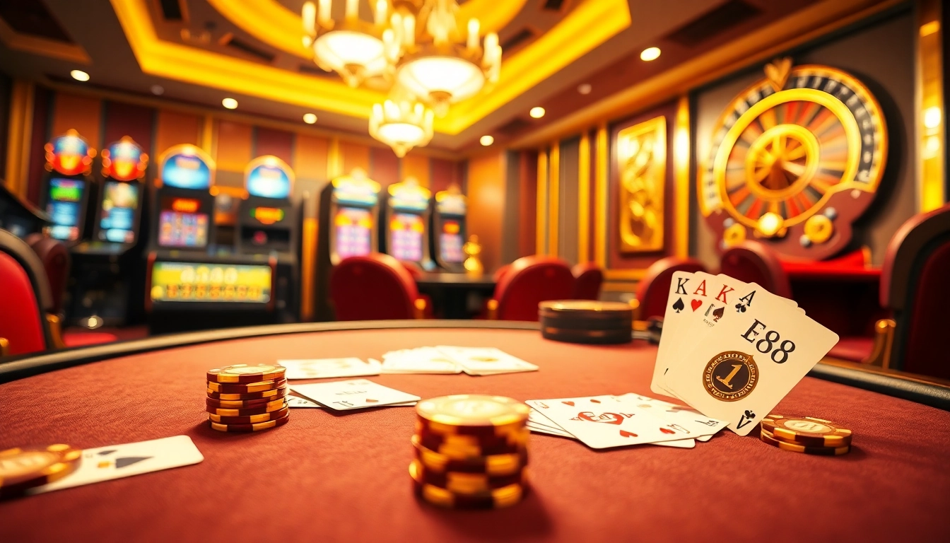 Experience high-stakes gaming with Ev88 poker chips and cards on a luxurious casino table.