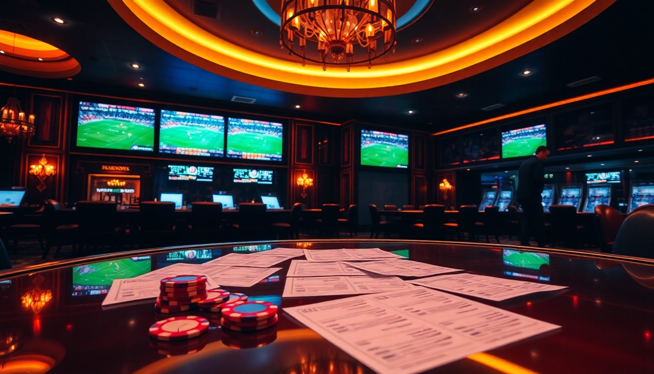 Engaging scene of เทคนิคแทงบอล with vibrant sportsbook, betting slips, and poker chips.