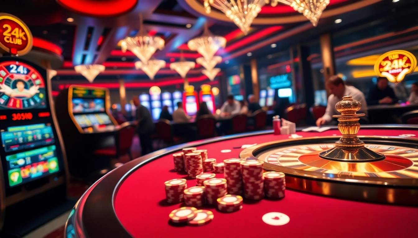 The 24k club casino scene featuring vibrant gaming tables, poker chips, and luxury ambiance.
