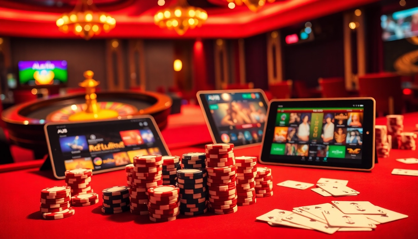 Experience thrilling gameplay at AU88 with vibrant casino tables, roulette, and poker chips.