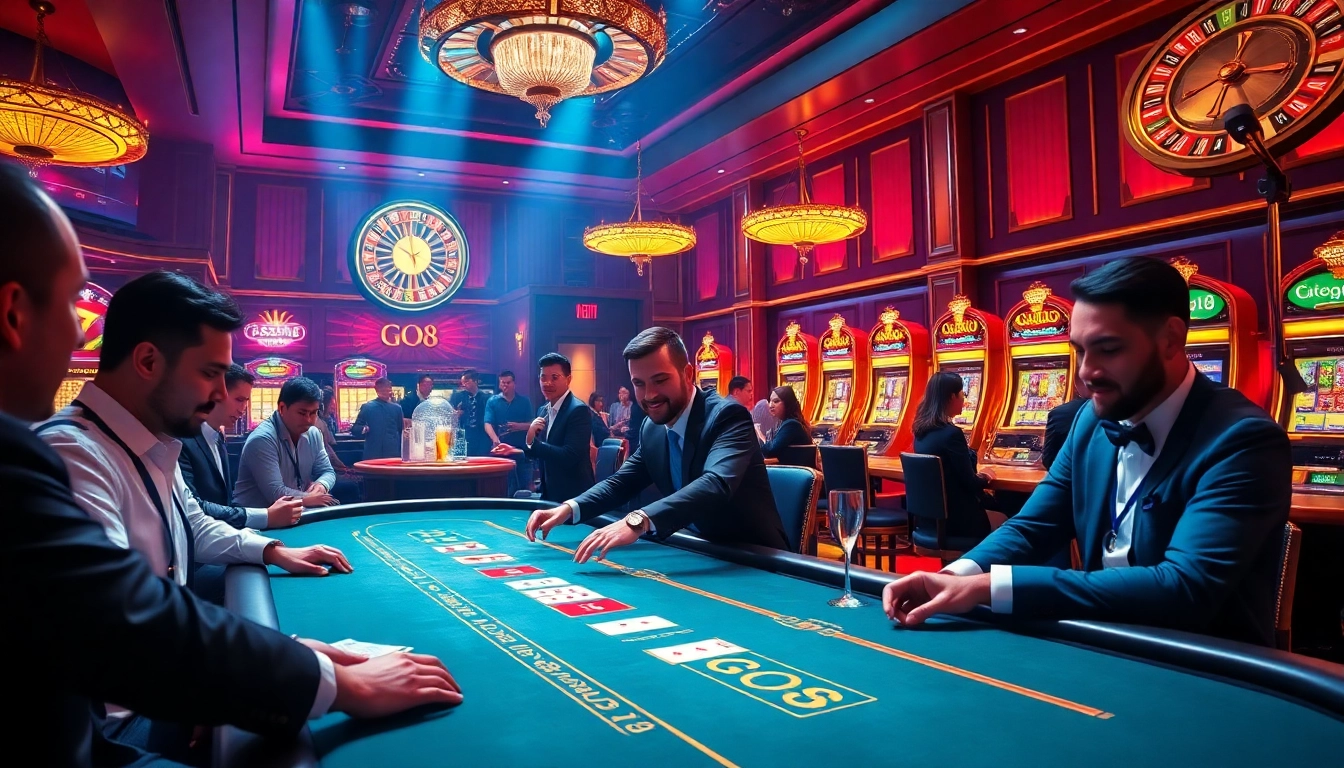 GO8 branded casino scene showcasing vibrant poker and roulette action.