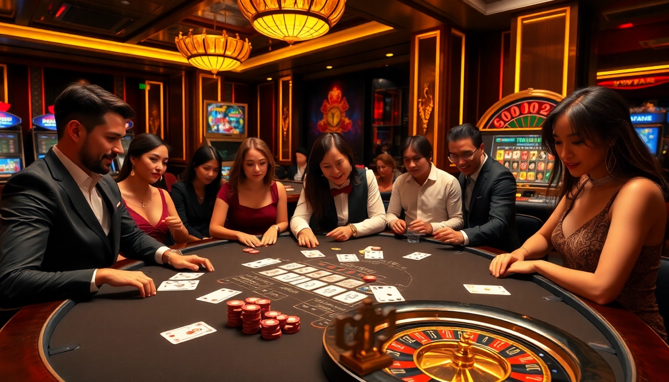Experience a thrilling game at LV88 casino with vibrant gaming tables and players.