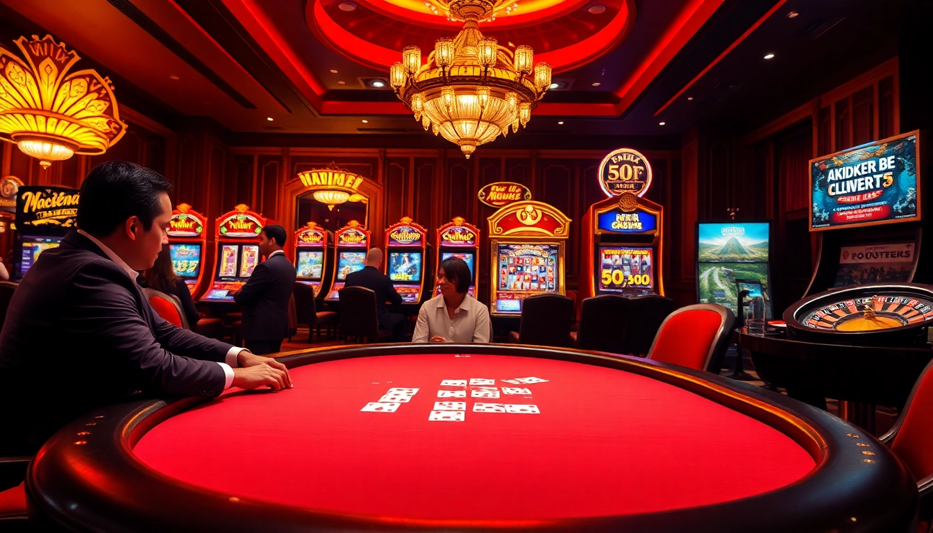 Experienced gamblers enjoying a thrilling game at the Boosterjp casino poker table amidst vibrant slot machines.
