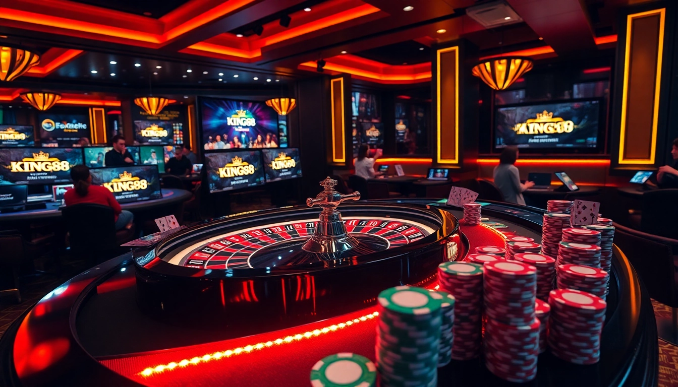 Experience high-stakes gaming at king88, featuring thrilling poker and roulette action in a luxurious casino setting.