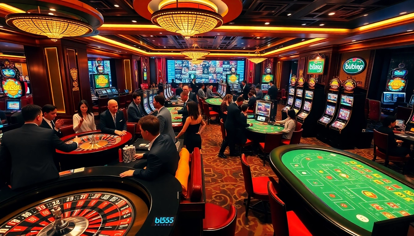 Experience thrilling games at bl555, a luxurious casino with vibrant tables and excited players.