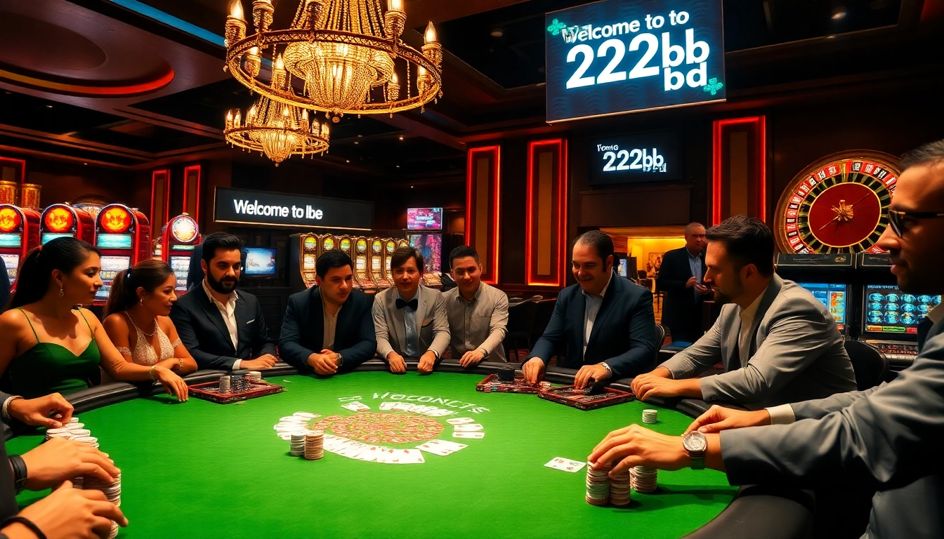 Engaging casino scene showcasing players at a poker table with vibrant elements of 222bd.