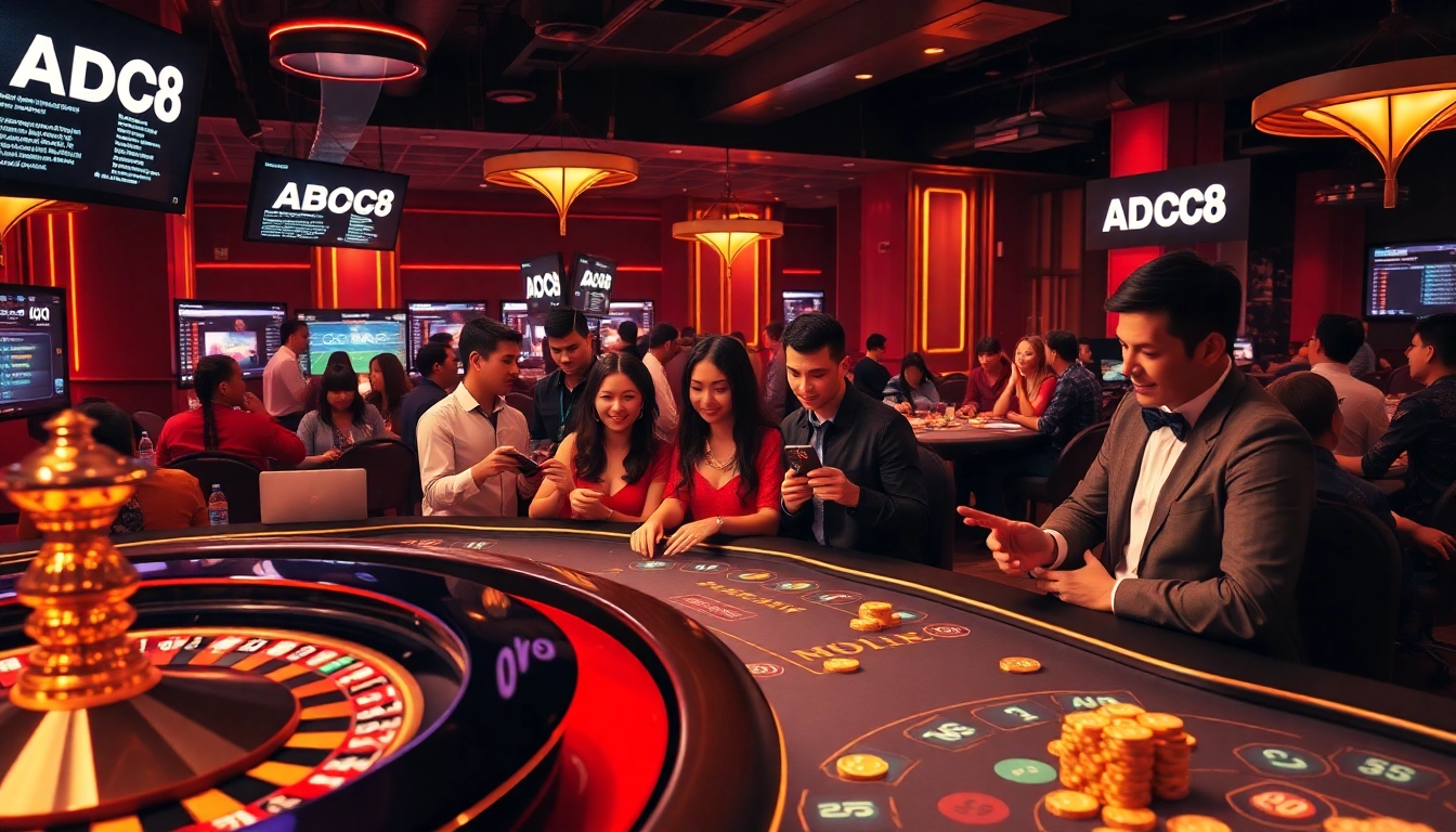 ABC8 members engaging in exciting online betting with casino tables and high-tech screens.