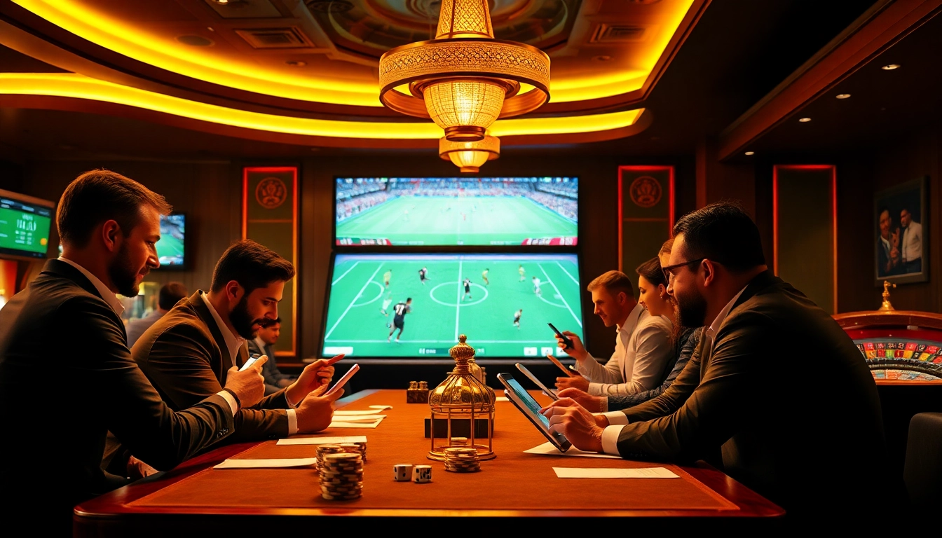 Engaging in เทคนิคแทงบอล strategies at an upscale sports betting venue with gamblers analyzing their bets.