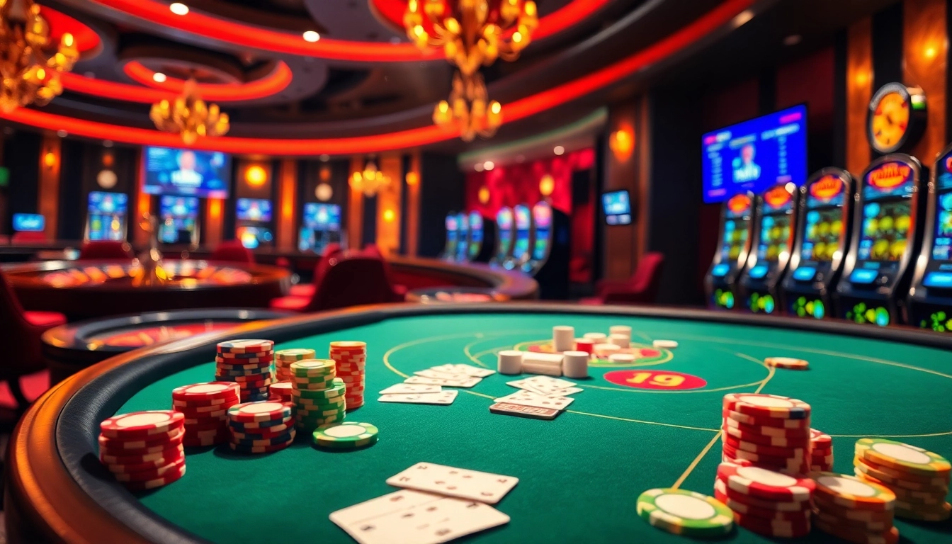 Cheerful gamblers enjoying a game on pahala4d with vibrant poker chips and exciting casino vibes.