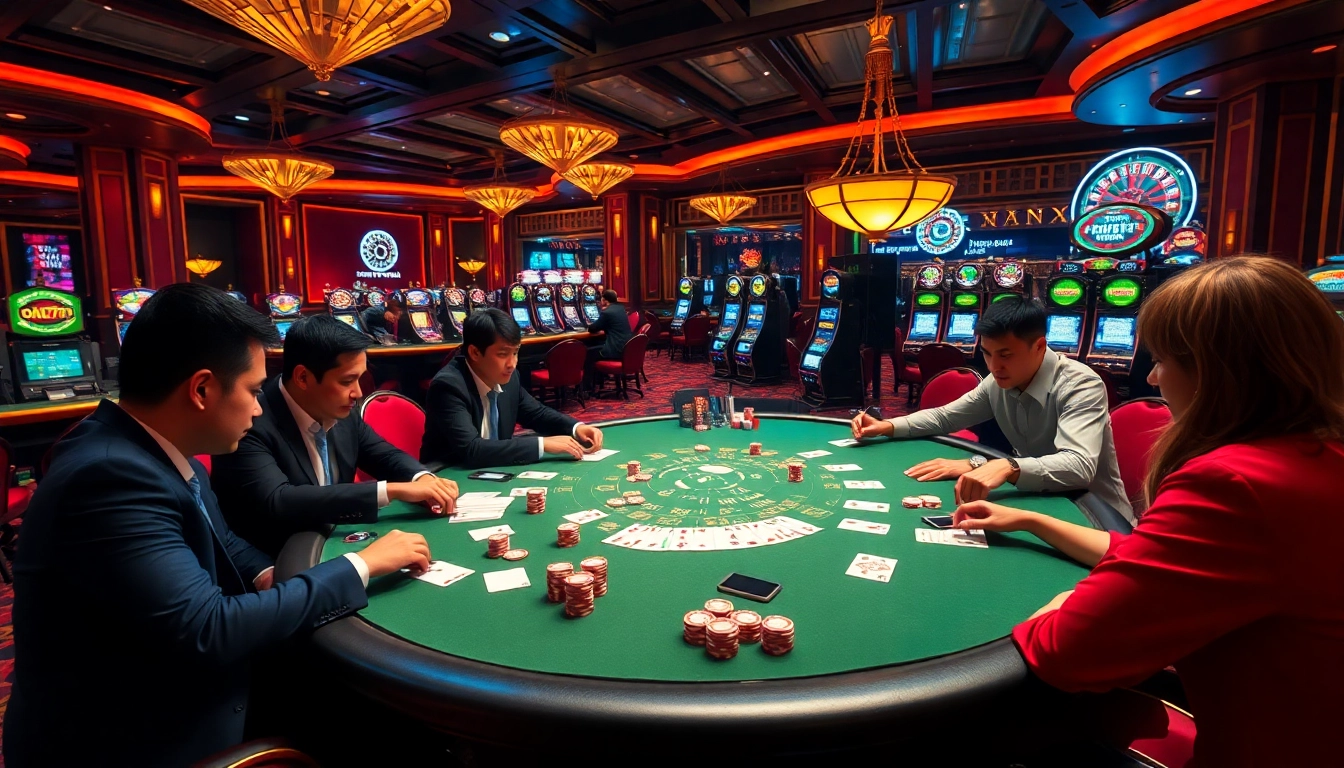 Engaged players at Vin777 poker table amidst a vibrant casino atmosphere with chips and cards.