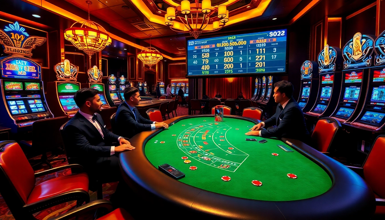 MK8 casino scene showcasing vibrant slot machines and players at blackjack tables, reflecting excitement and luxury.