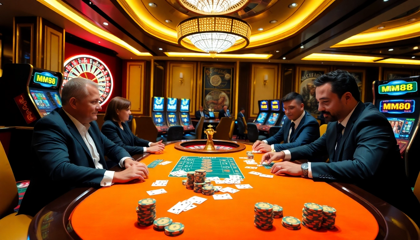 Experience MM88 casino excitement with poker chips and bright slot machines in a luxurious setting.