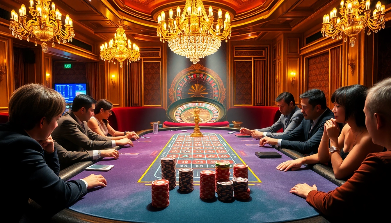 Engaged players at a poker table in a luxurious casino setting showcasing kk55.group.
