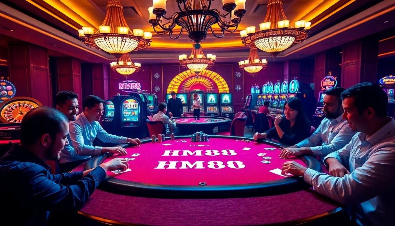 Exciting MM88 casino scene with poker, vibrant colors, and luxurious atmosphere.