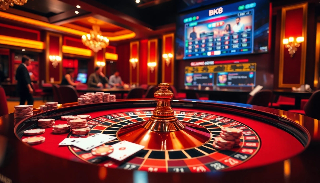 A high-stakes moment at BK8 casino featuring players engaged at a roulette table in a vibrant atmosphere.