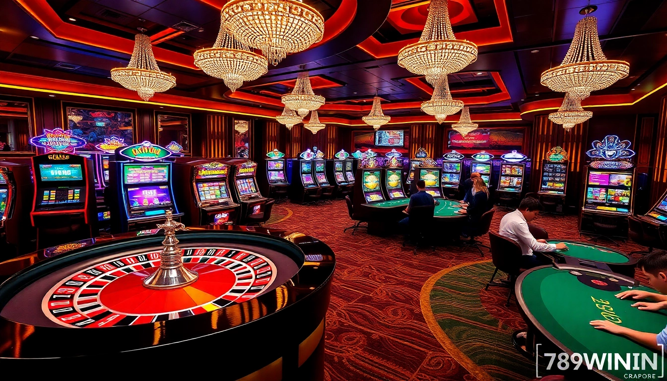 Experience the excitement of 789WIN at a luxurious casino table with vibrant slot machines.