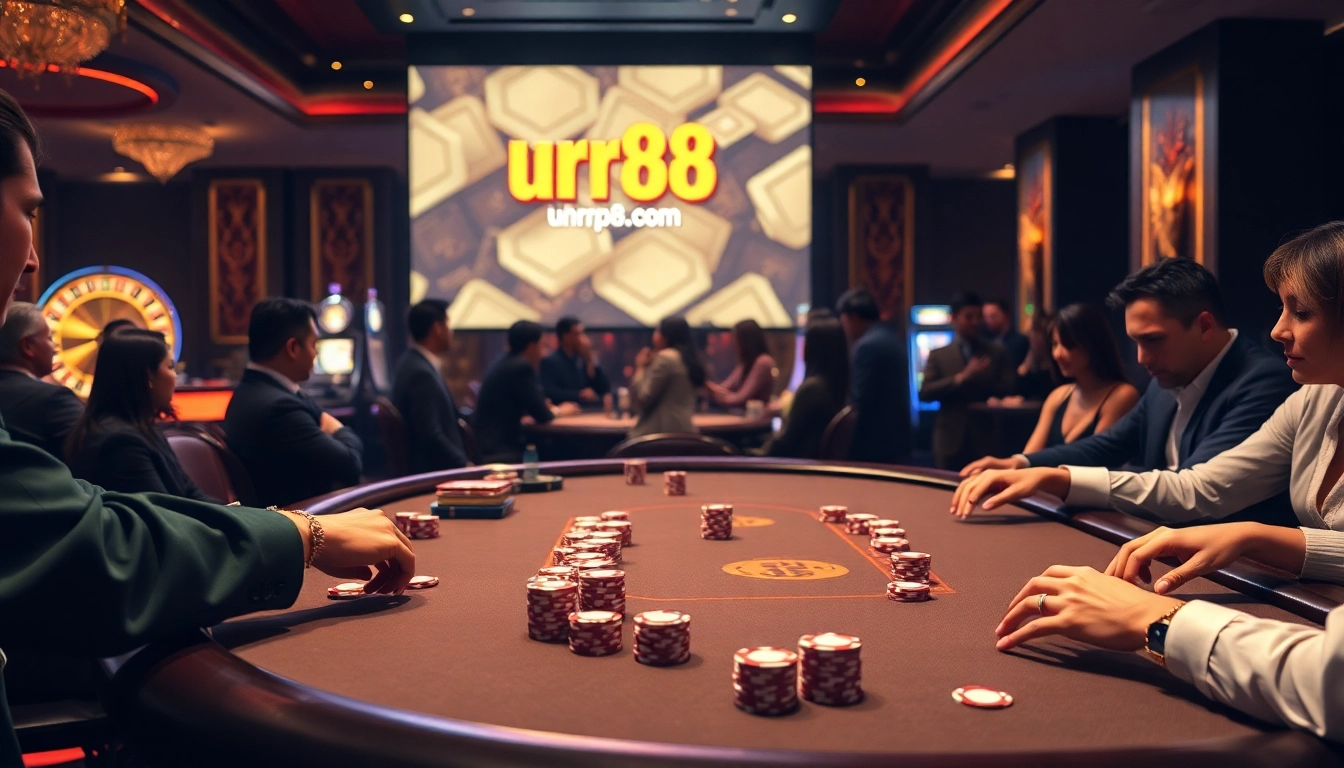 Gamblers placing bets at a high-stakes table featuring the logo of https://urr88.com/.