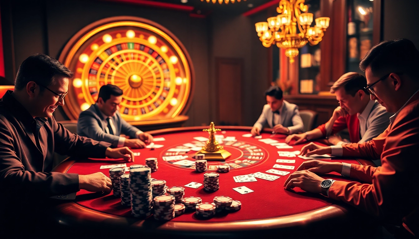 Skilled players enjoying intense poker action at bem88's luxurious casino table.