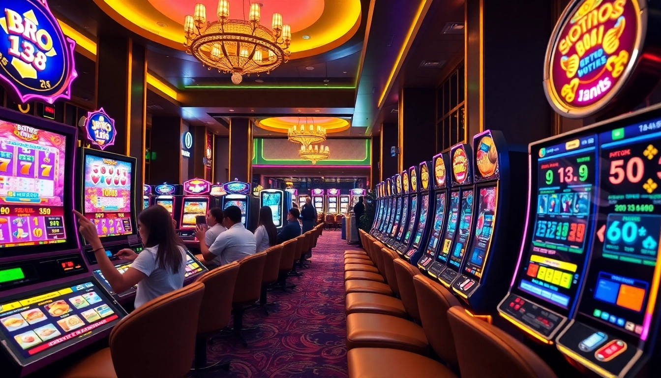 Players enjoying exciting slot games at Bro138's luxurious casino floor.