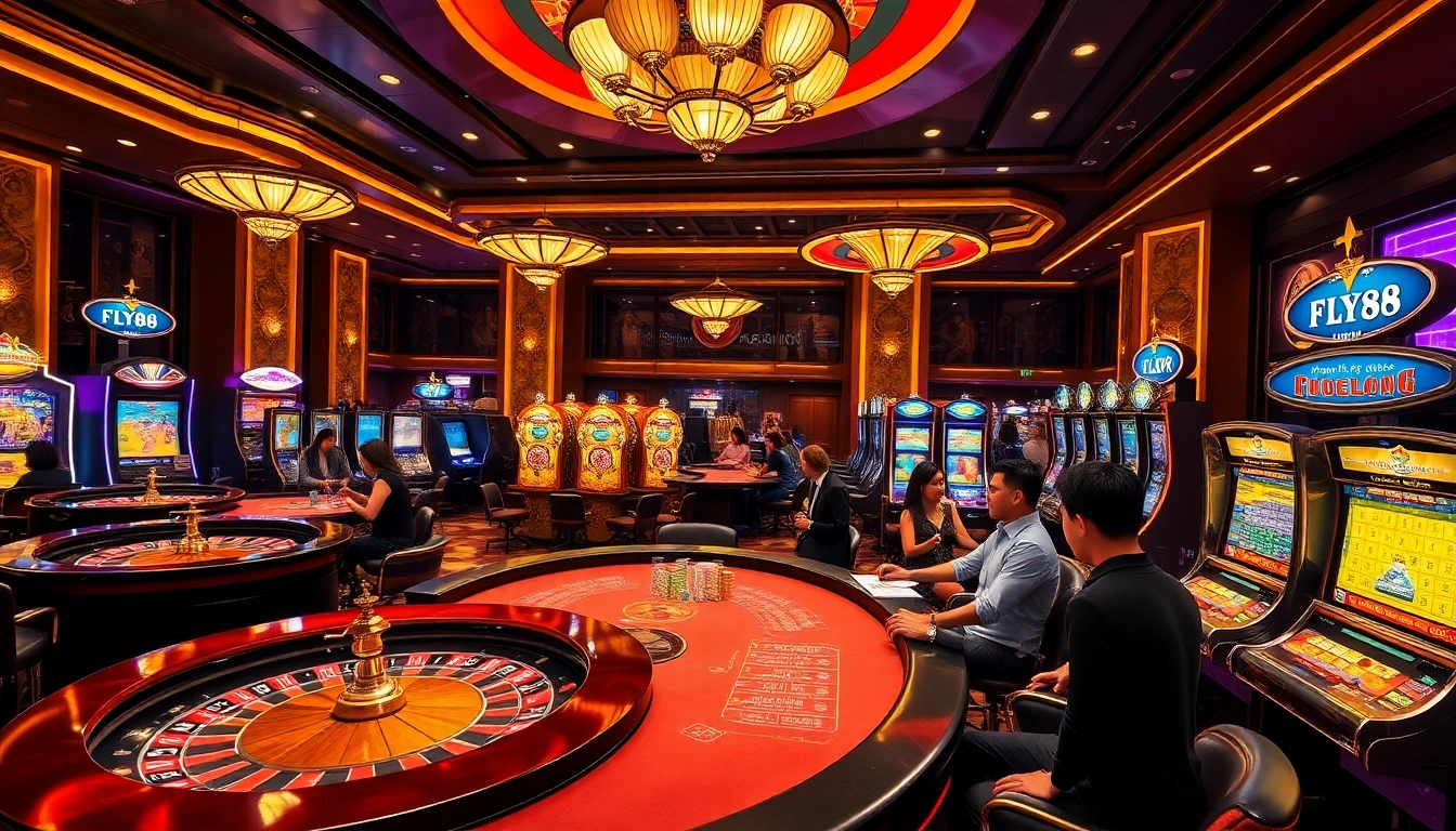 High-stakes gaming at FLY88 casino with roulette, poker tables, and vibrant slot machines.