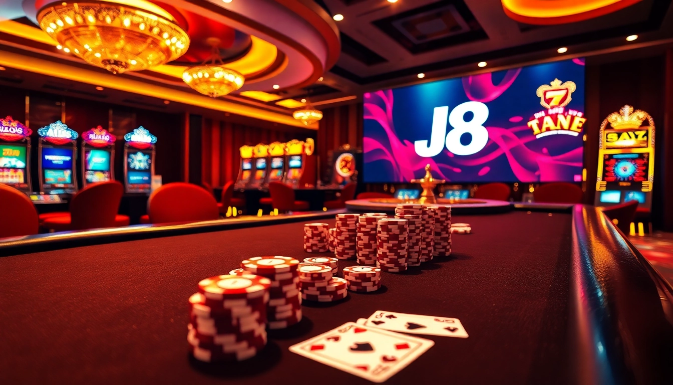 Experience the excitement of J8 with vibrant betting tables and casino elements.