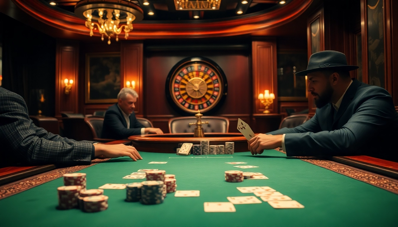 The hidden wiki dark web inspired casino atmosphere showcasing a poker game with intense players and vibrant poker chips.