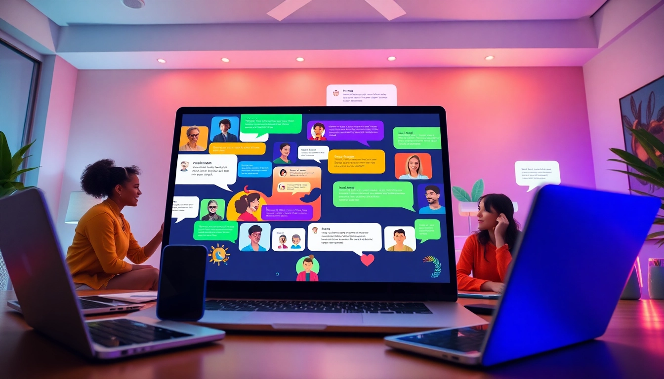 مشهد حيوي لمستخدمين متنوعين يشاركون في شات الرياض، يعرض تفاعلًا ودودًا في غرفة دردشة افتراضية نابضة بالحياة.