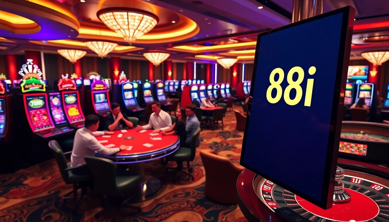 Engage in thrilling games at 88i, featuring luxury casino tables and vibrant slot machines.