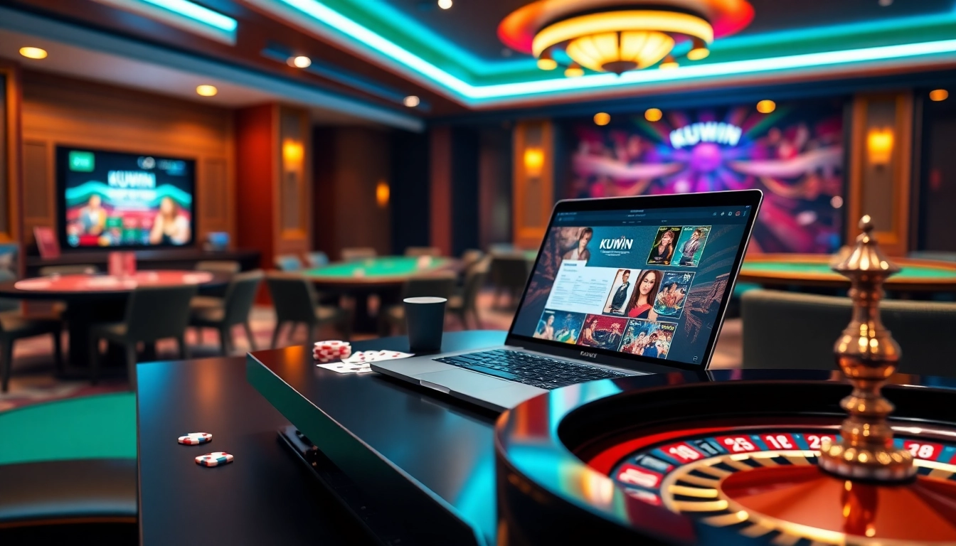 Exciting online gaming at https://kuwinblog.com/ featuring a luxurious casino setup with roulette and poker elements.