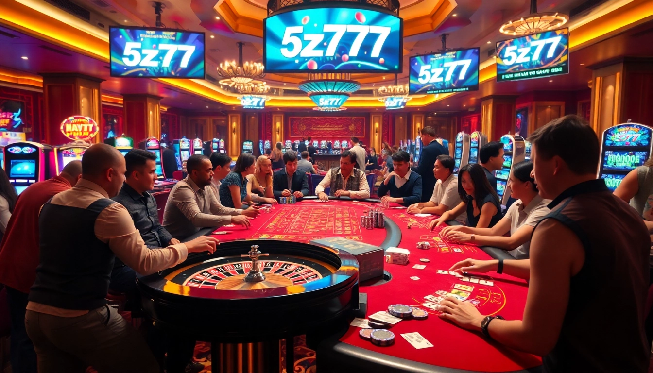 Experience thrilling games at the casino with 5z777 amidst vibrant players and exciting lights.