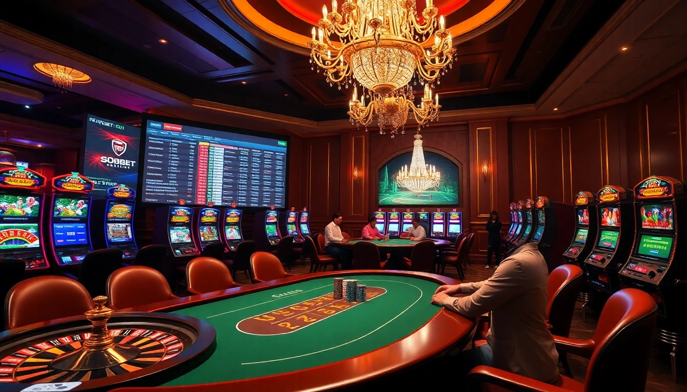 Sbobet online betting interface amidst a luxurious casino scene featuring poker, roulette, and vibrant slot machines.