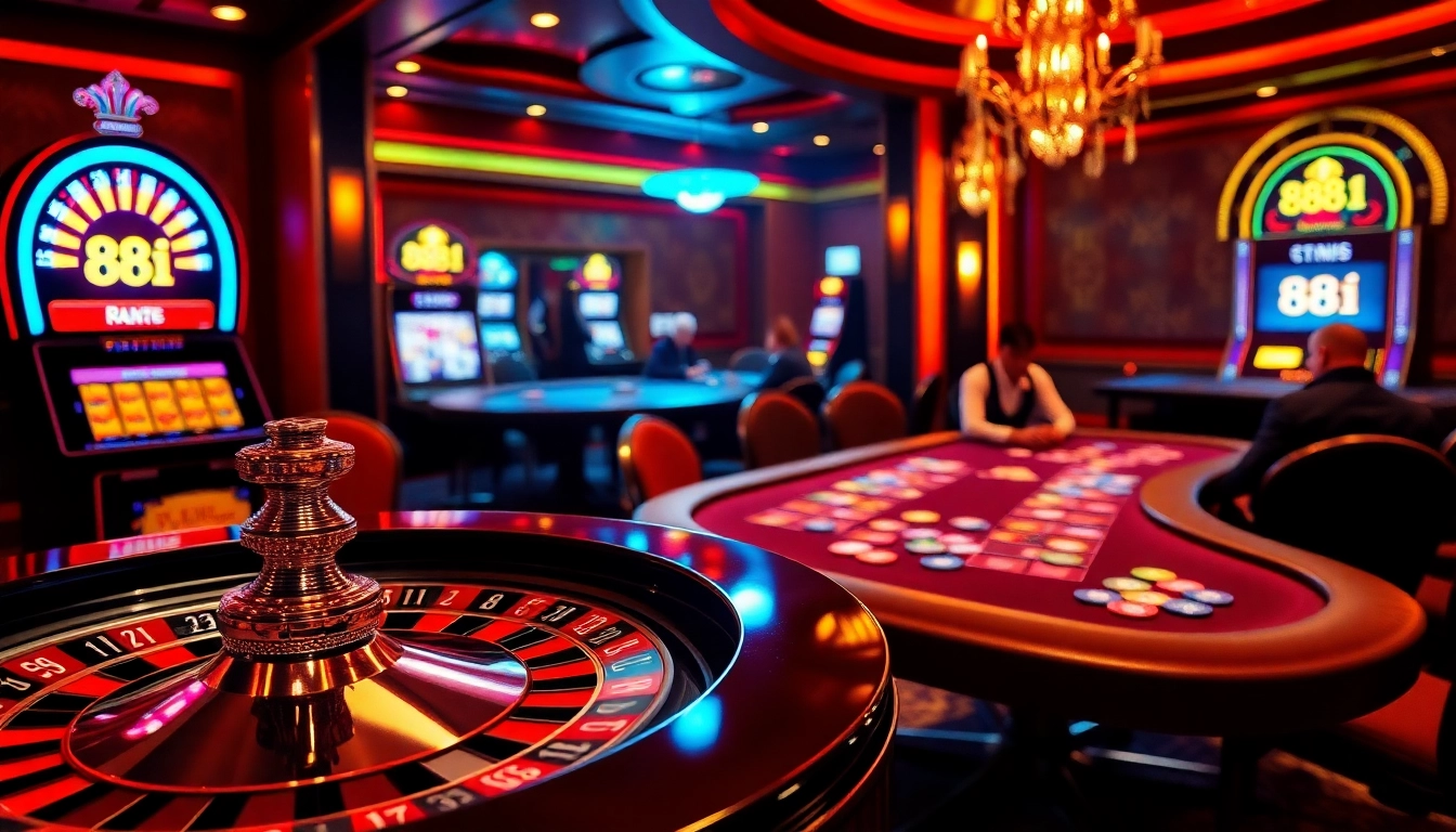 Experience the thrill of gambling at 88i with a colorful casino scene featuring vibrant poker games and slot machines.
