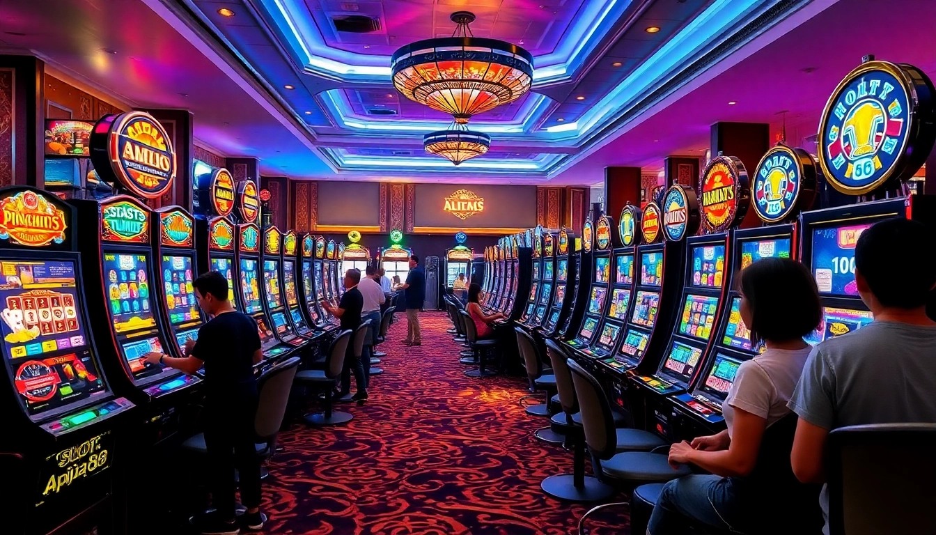 Players enjoy the thrill of winning at various slot machines, including slot apiraja88, in a luxurious casino setting.