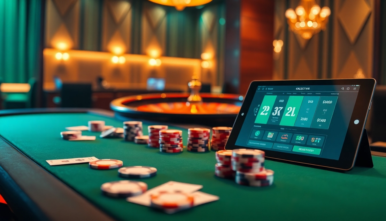 Exciting gambling scene featuring the 22JL casino with poker chips and a roulette wheel.