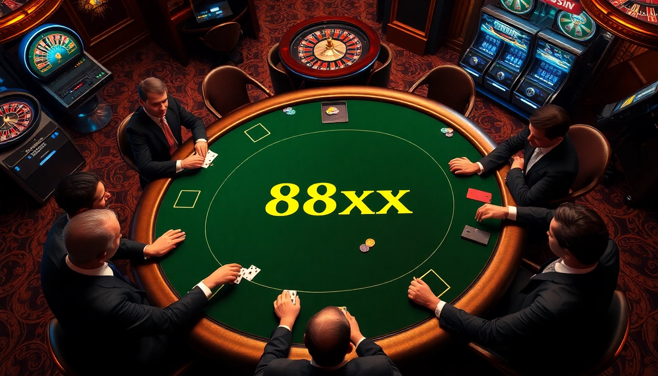 High-stakes poker action at a luxurious casino featuring 88xx-themed chips and decor.