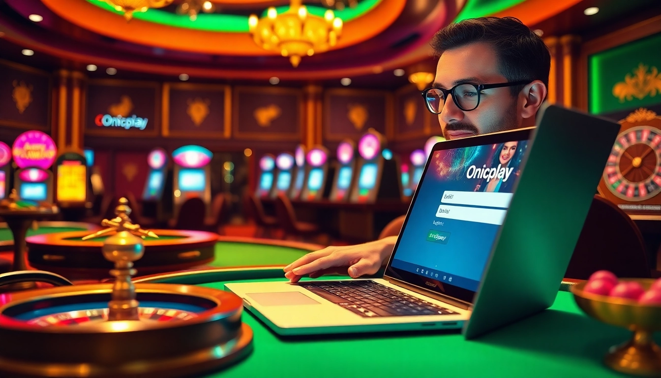 Enthusiastic gambler using Onicplay login on a laptop amidst vibrant casino gaming atmosphere.