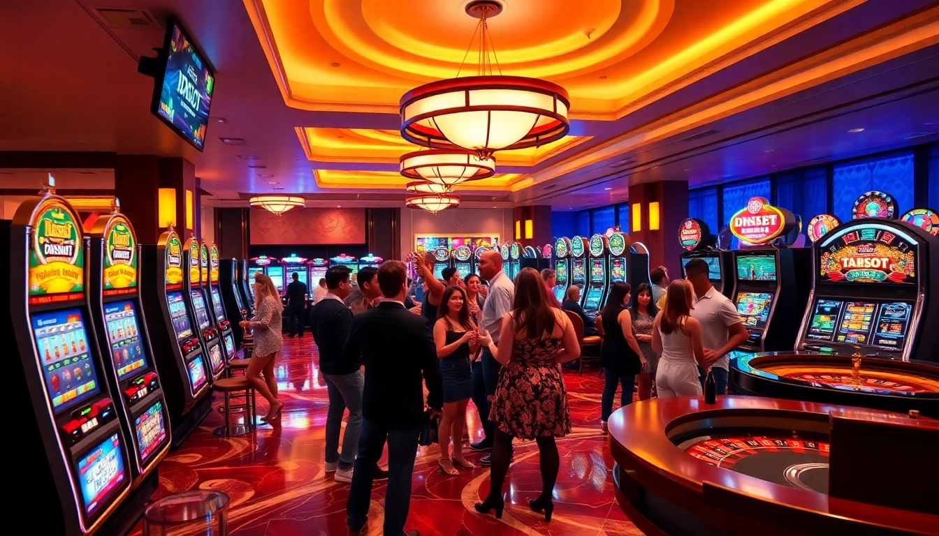 Players celebrating wins on idnslot slot machines in a vibrant casino setting.