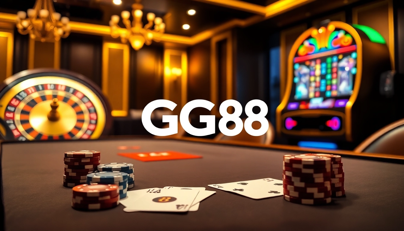 Experience the thrill of gambling with GG88 at a luxurious casino table filled with poker chips and cards.