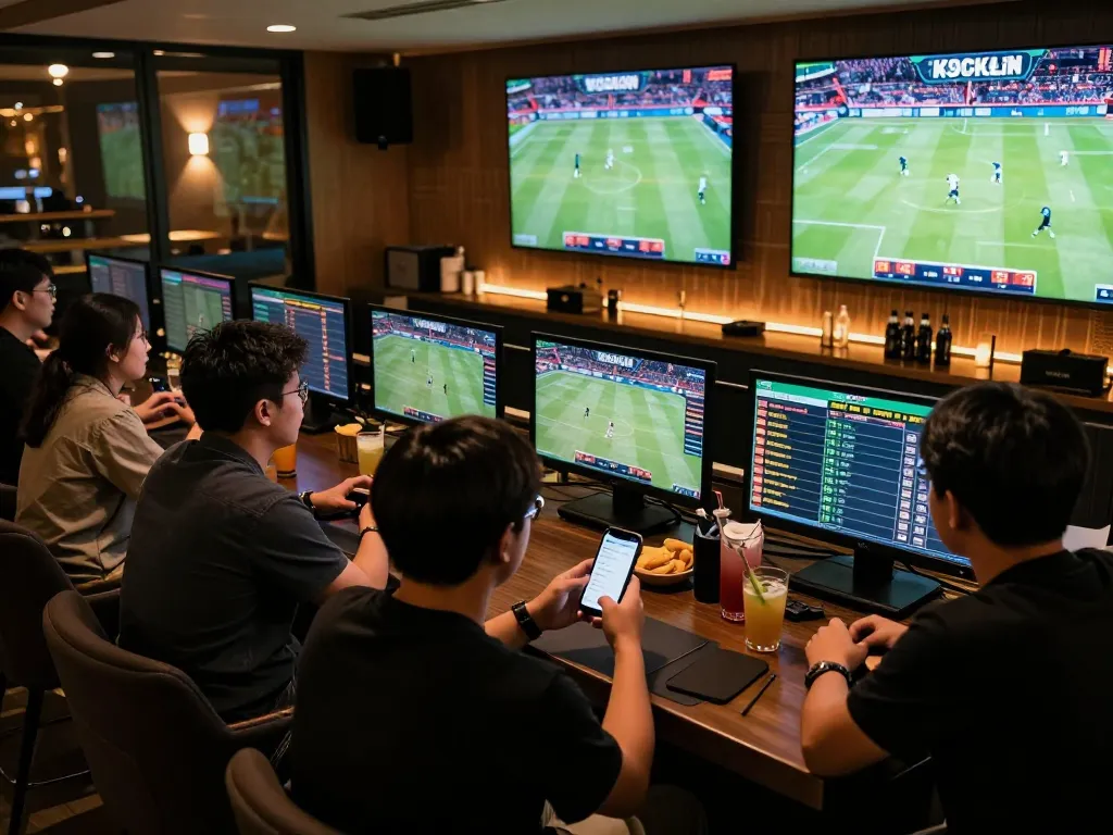 Tỷ lệ kèo nhà cái shown on screens while excited bettors analyze odds in lively betting lounge
