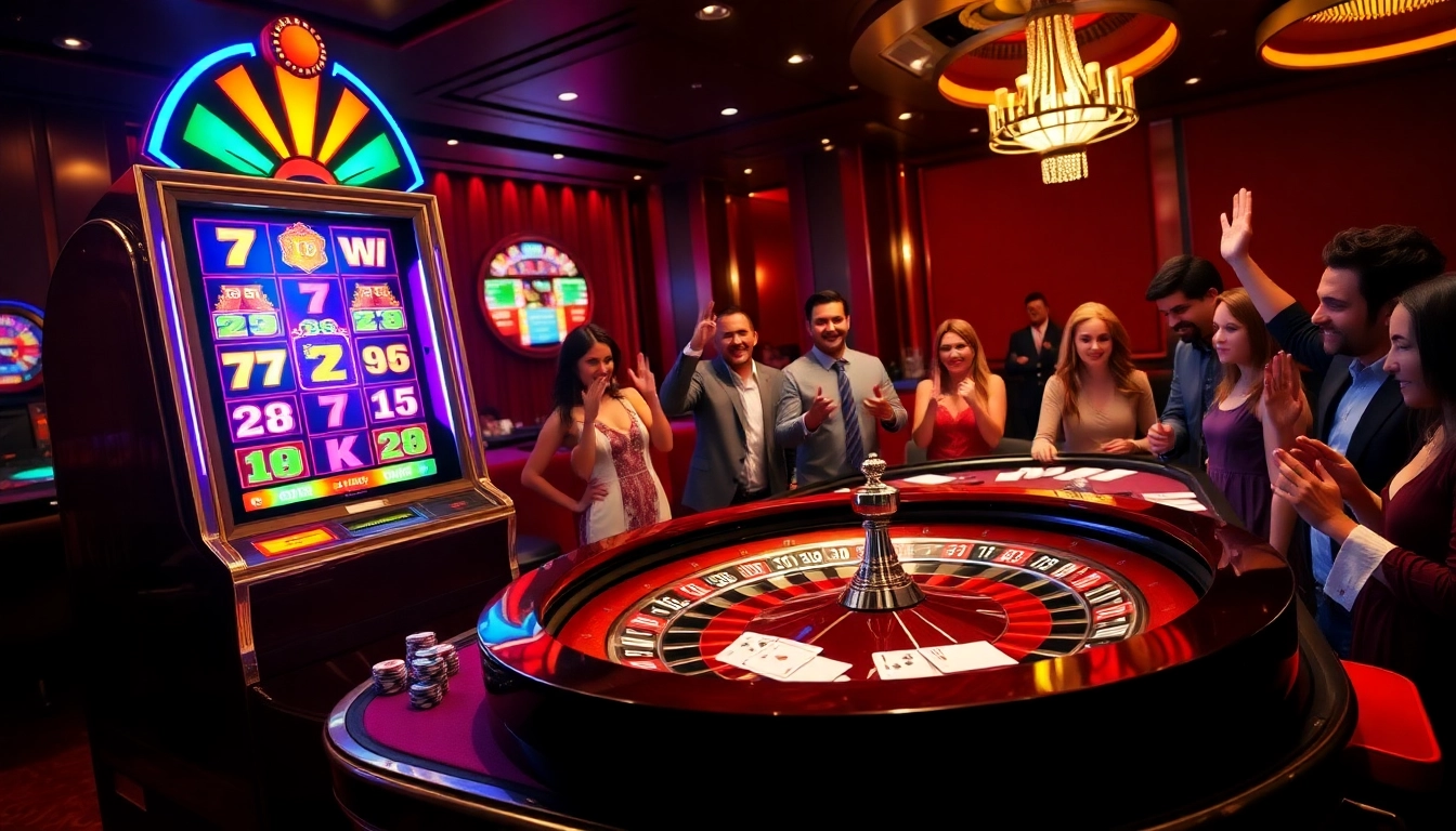 Experience the excitement at 78WIN with vibrant slot machines and roulette in a luxurious casino atmosphere.