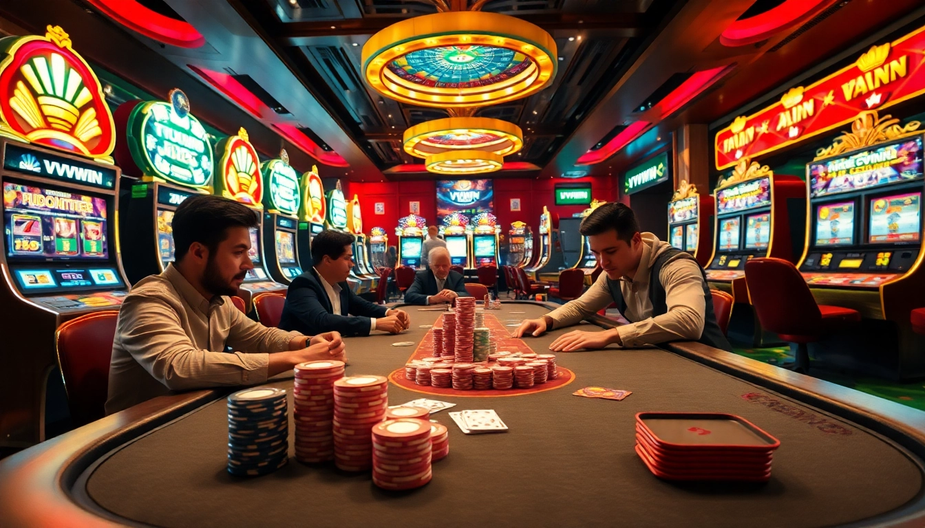 Experience VVVWIN's exhilarating poker game with vibrant chips and slot machines at a luxurious casino.
