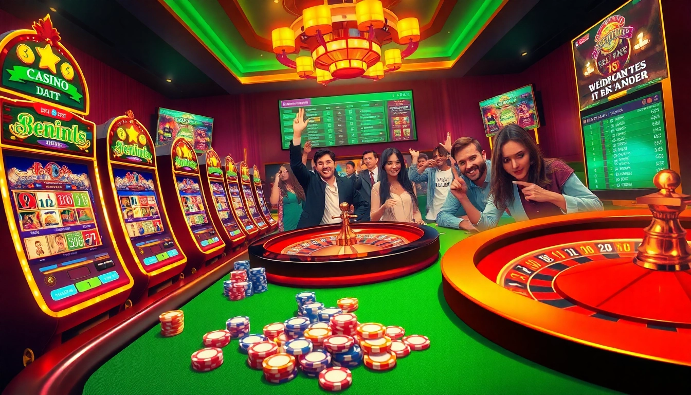 Experience the thrill at Batman138 with vibrant slot machines and poker action in this immersive casino scene.