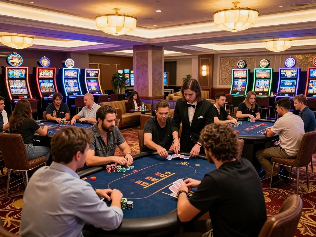 Players enjoying dynamic games at the vibrant MM88 casino floor, highlighting link mm88 for exciting online gambling.