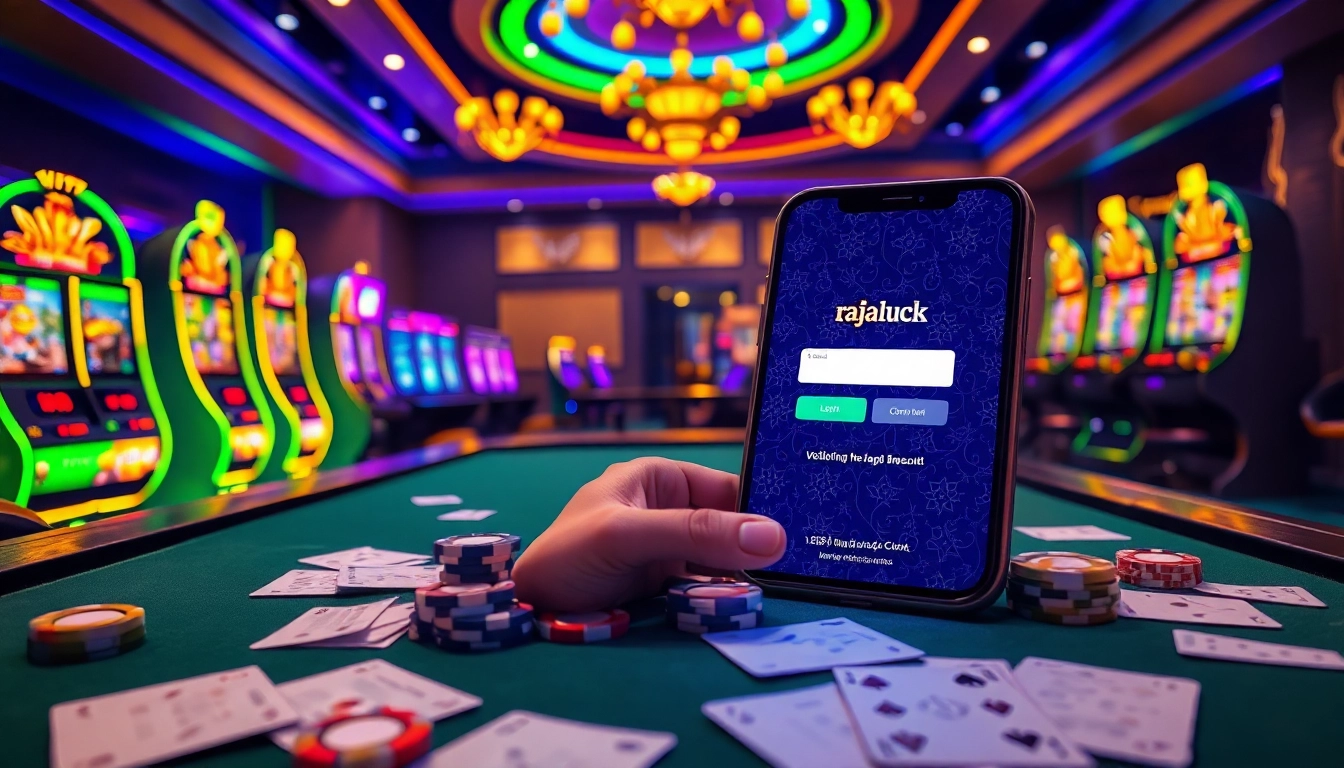 Engage with the thrilling raja luck login experience at a luxurious online casino table with vibrant lighting.