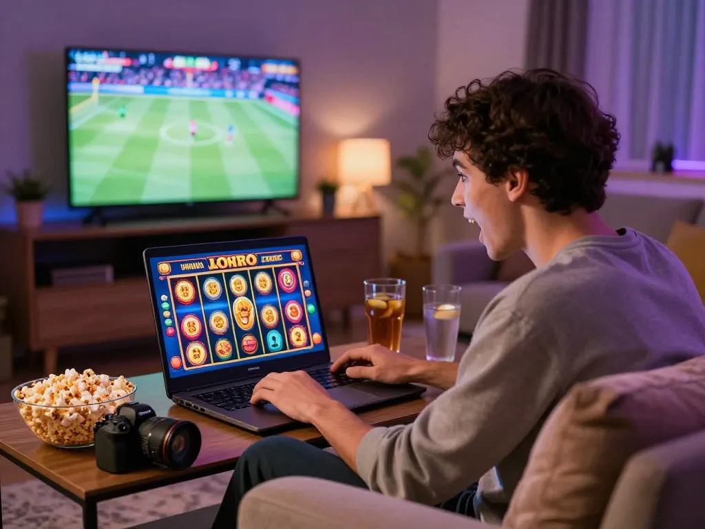 Pemain menikmati pengalaman slot gacor laoban188 di laptop di ruang tamu yang nyaman.