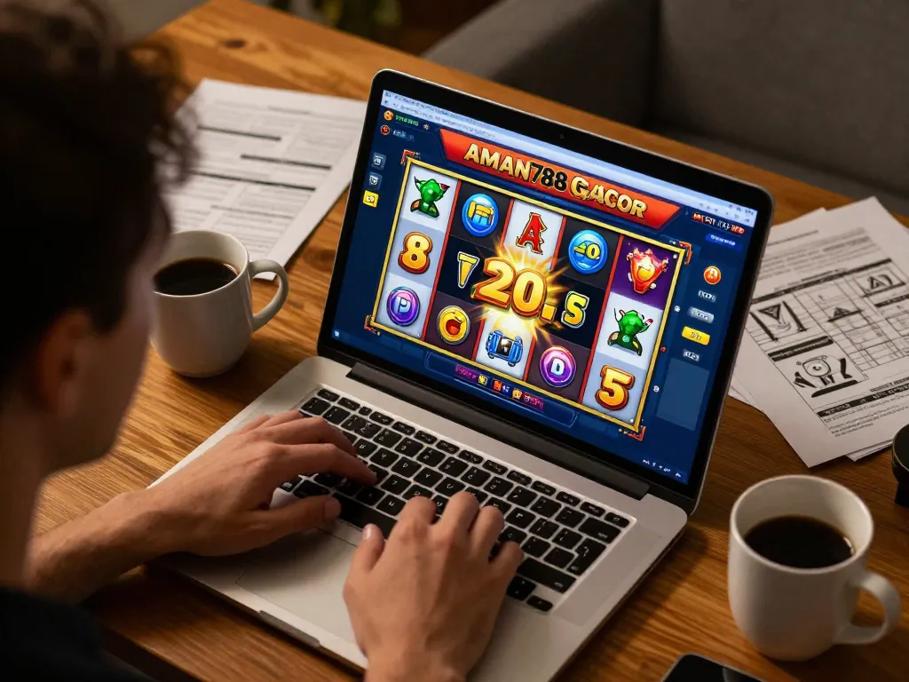 Pemain online yang terlibat menggunakan platform aman788 slot gacor selama sesi permainan, grafik slot yang hidup dianimasikan di layar